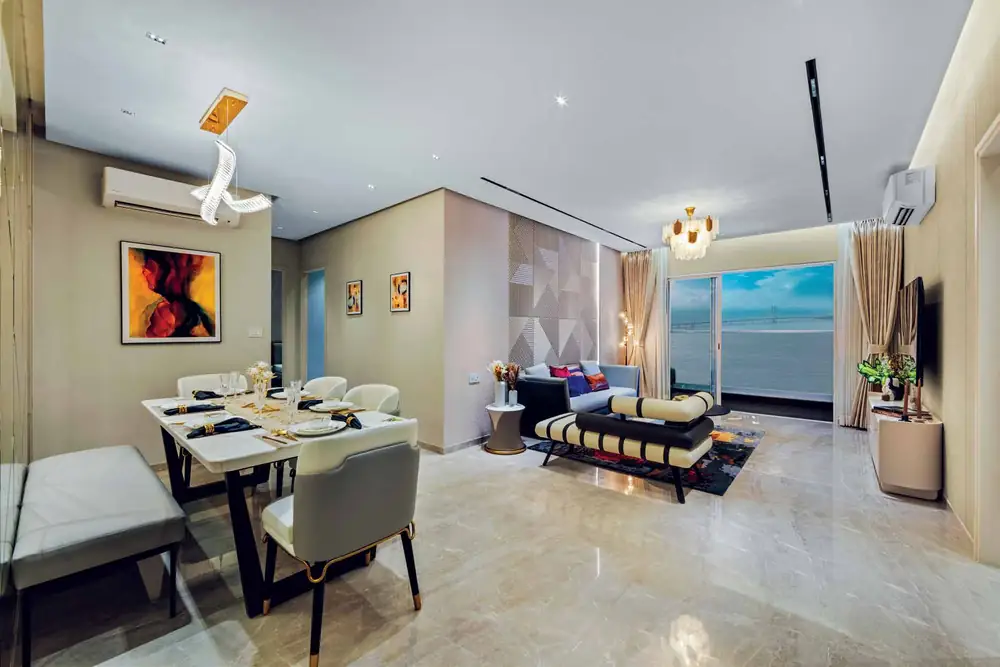 Sea view living and dining room at L&T Island Cove Mahim